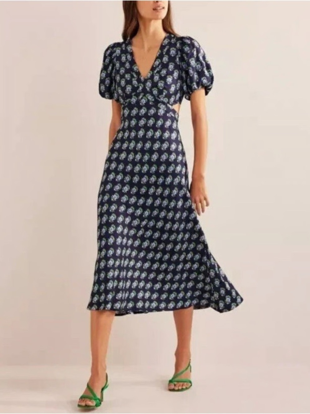 Boden NWT Navy Blue Floral Puff Sleeve Cut Out Midi Dress Size 8 P